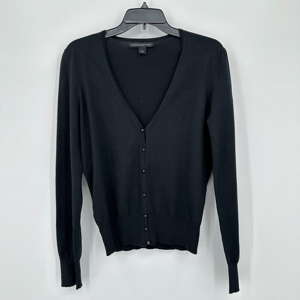 Express Design Studio Sweater Womens L Silk Blend‎ Black Cardigan Office Casual